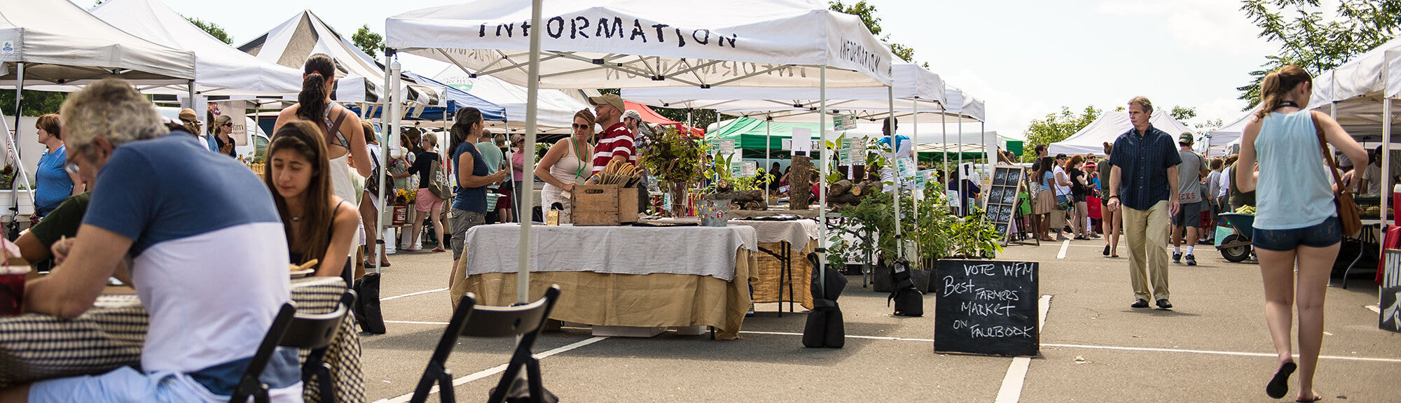 Tents and people at westport farmers' market