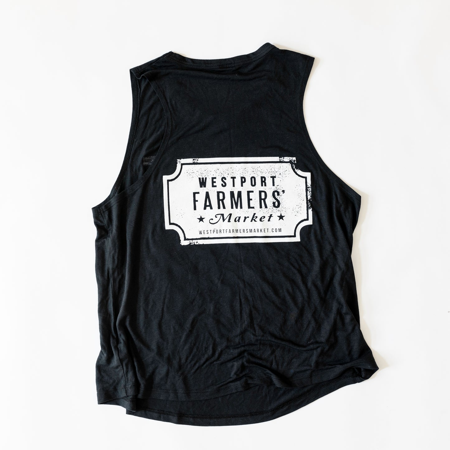 Black Sleeveless Tank top back with the westport farmers' market logo printed on it