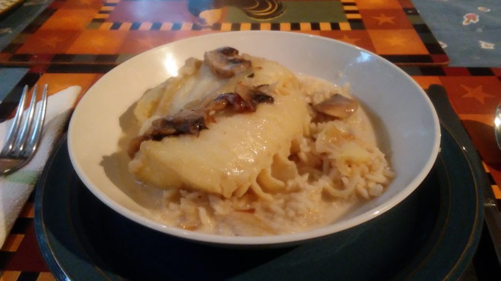 Coconut Poached Cod with mushrooms and seasoned rice, by Dave Lowrie