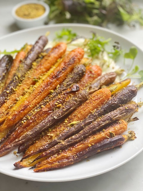 Roasted Spring-Dug Carrots with Pistachio Dukkah and Crème Fraîche, by Lauren Braun Costello of It’s Lauren of Course!