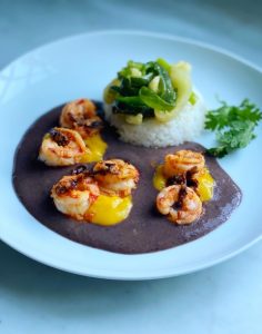 Seared Shrimp with Salsa Macha, Black Bean Puree, Mango, and Sauteed Peppers, by Lauren Braun Costello, It’s Lauren of Course!