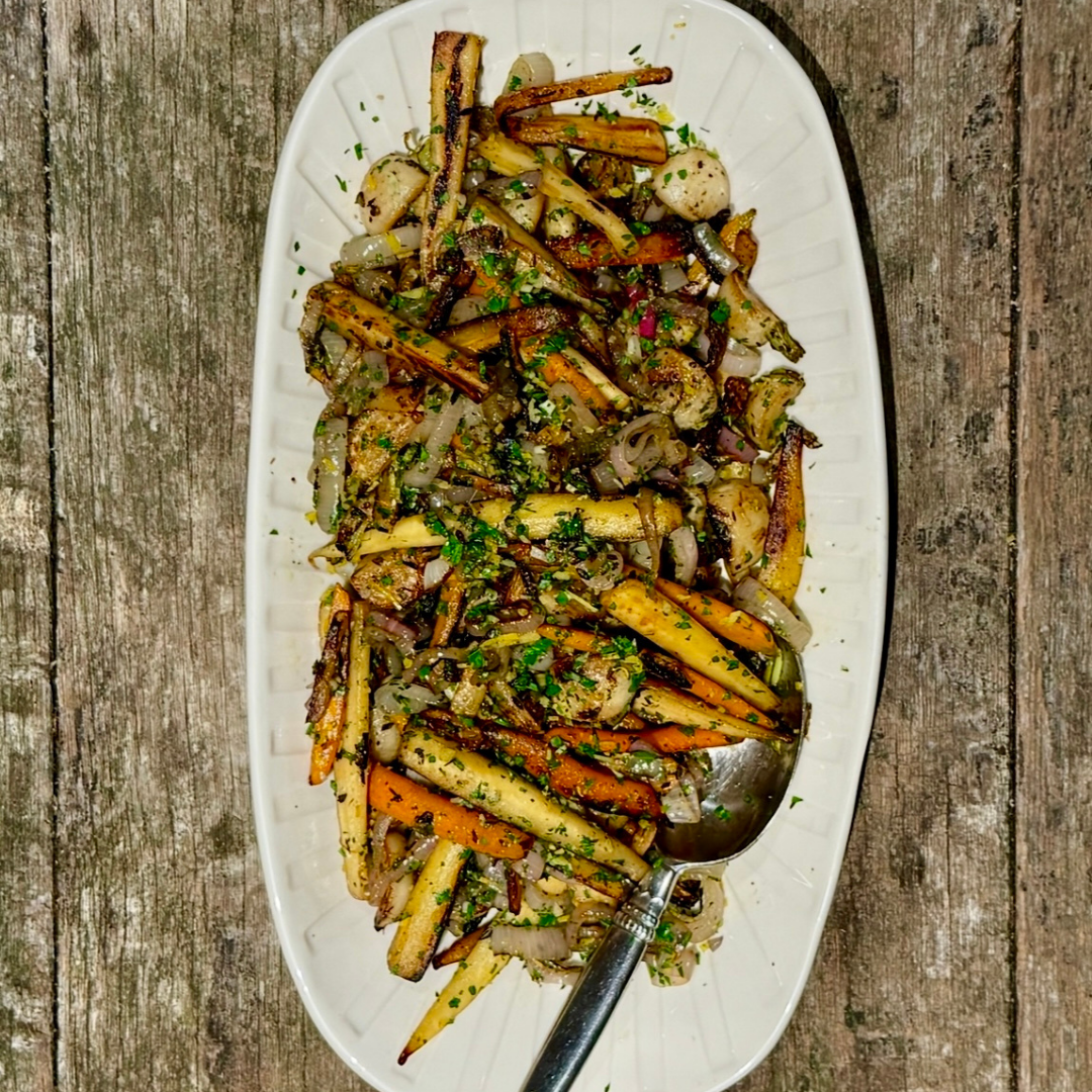 cooked root vegetables on white serving dish