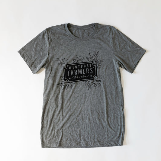 Gray t-shirt front with black farmers market logo printed on the front