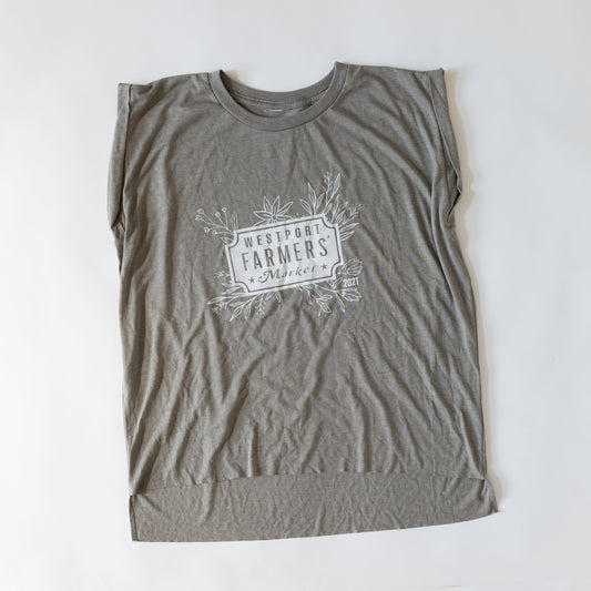 Gray muscle tee front with white farmers market logo printed on the front