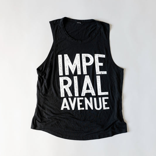 Black Sleeveless Tank top front with text printed on it as Imperial Avenue