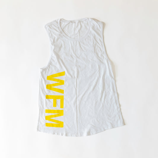 White Sleeveless Tank top front with yellow text printed as WFM
